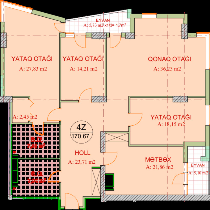 Планировка 4-комнатные квартиры, 170.67 m2 в Makro Park, в г. Баку