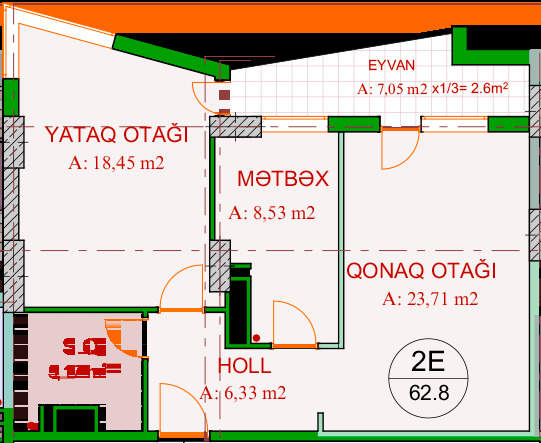 Планировка 2-комнатные квартиры, 62.8 m2 в Makro Park, в г. Баку