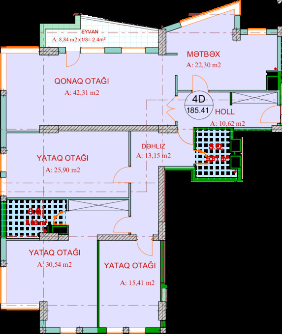 Планировка 4-комнатные квартиры, 185.41 m2 в Makro Park, в г. Баку