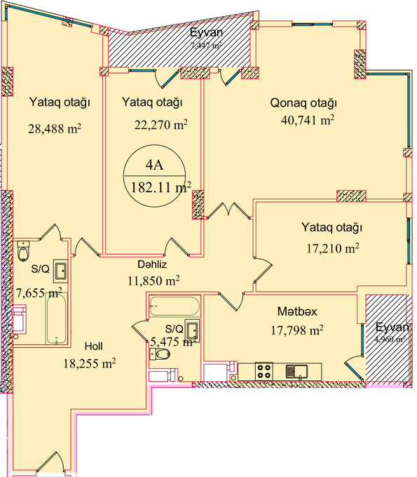 Планировка 4-комнатные квартиры, 182.11 m2 в Makro Park, в г. Баку