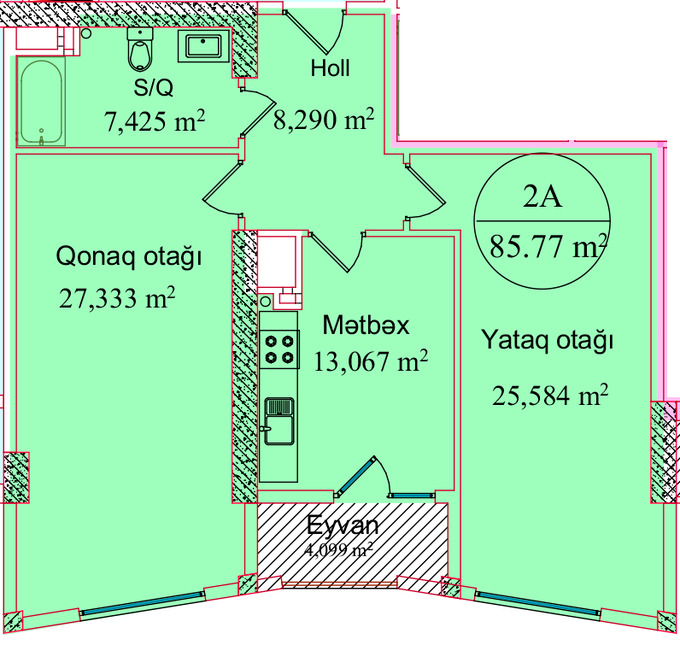 Планировка 2-комнатные квартиры, 85.77 m2 в Makro Park, в г. Баку