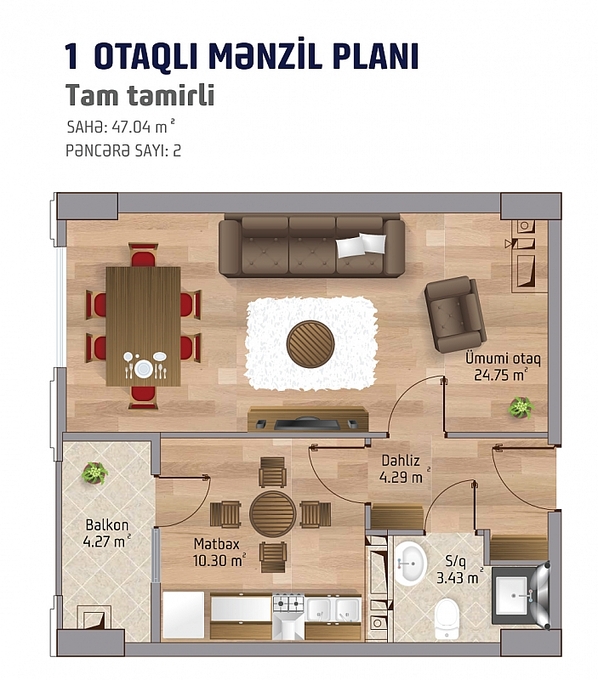 Bakı şəhərinin Javahir Residence yaşayış kompleksində 47.04 m2 sahəsi olan 1-otaqlılar mənzillərin planlaşdırılması