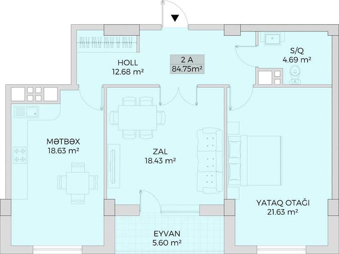 Bakı şəhərinin Delta Boutique House yaşayış kompleksində 84.75 m2 sahəsi olan 2-otaqlılar mənzillərin planlaşdırılması
