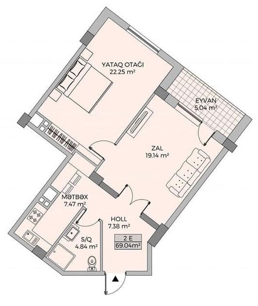 Bakı şəhərinin Delta Boutique House yaşayış kompleksində 69.04 m2 sahəsi olan 1-otaqlılar mənzillərin planlaşdırılması