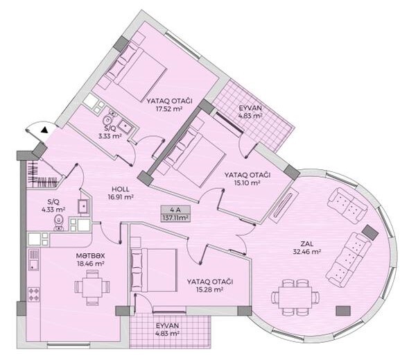 Bakı şəhərinin Delta Boutique House yaşayış kompleksində 137.11 m2 sahəsi olan 4-otaqlılar mənzillərin planlaşdırılması