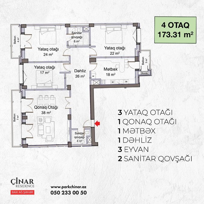Bakı şəhərinin Chinar Residence yaşayış kompleksində 173.31 m2 sahəsi olan 4-otaqlılar mənzillərin planlaşdırılması