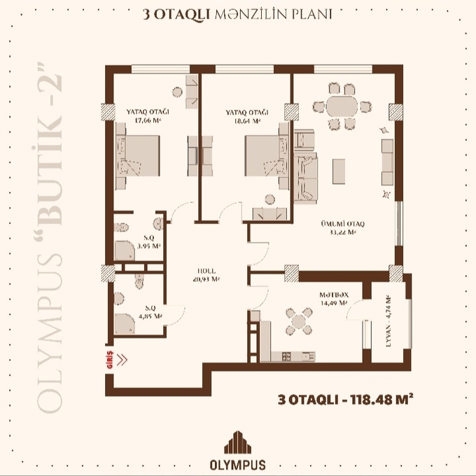 Планировка 3-комнатные квартиры, 118.48 m2 в ЖК Olympus Butik-2, в г. Баку