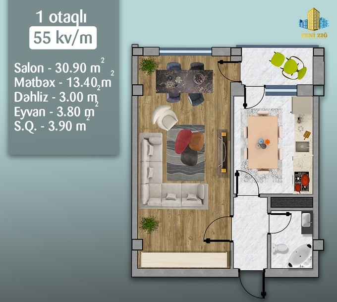 Планировка 1-комнатные квартиры, 55 m2 в Yeni Zığ, в г. Баку