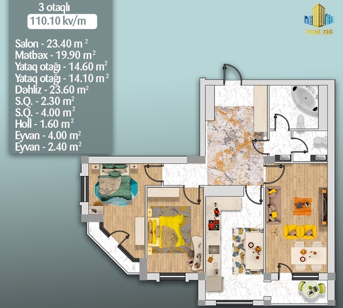Планировка 3-комнатные квартиры, 110.1 m2 в Yeni Zığ, в г. Баку