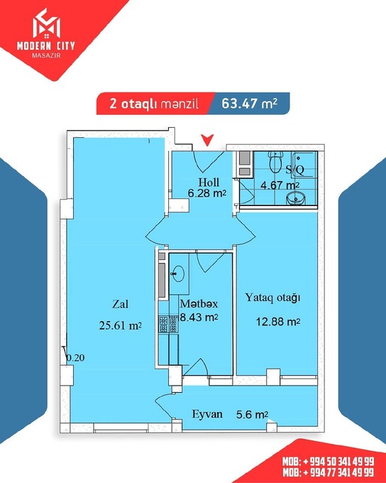 Xırdalan şəhərinin Modern City yaşayış kompleksində 63.47 m2 sahəsi olan 2-otaqlılar mənzillərin planlaşdırılması