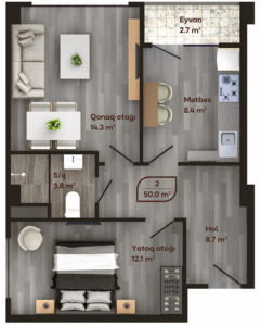 Планировка 2-комнатные квартиры, 50 m2 в Melissa Residence, в г. Баку
