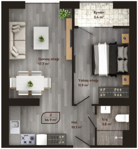 Планировка 2-комнатные квартиры, 46.9 m2 в Melissa Residence, в г. Баку