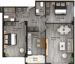 Планировка 3-комнатные квартиры, 90.6 m2 в Melissa Residence, в г. Баку