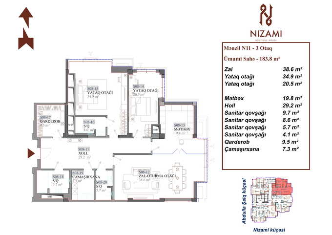 Планировка 3-комнатные квартиры, 183.8 m2 в Nizami Boutique House, в г. Баку