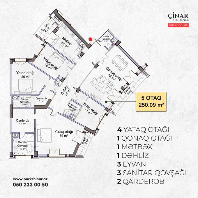 Bakı şəhərinin Chinar Residence yaşayış kompleksində 250.09 m2 sahəsi olan 5-otaqlılar mənzillərin planlaşdırılması