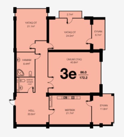 Планировка 3-комнатные квартиры, 172.2 m2 в Baku City Residence Koroğlu, в г. Баку