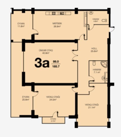 Планировка 3-комнатные квартиры, 185.7 m2 в Baku City Residence Koroğlu, в г. Баку