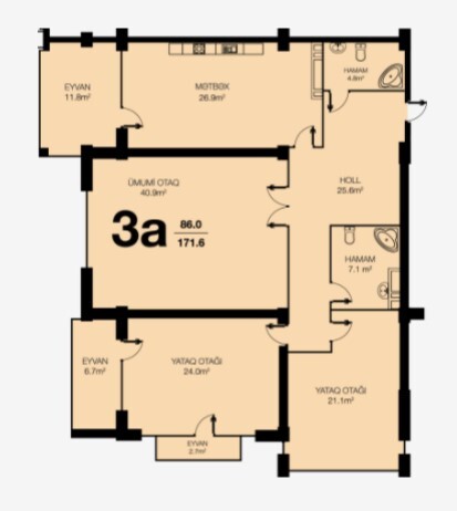 Планировка 3-комнатные квартиры, 171.6 m2 в Baku City Residence Koroğlu, в г. Баку