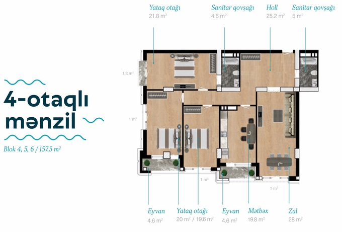 Планировка 4-комнатные квартиры, 157.5 m2 в Malibo Residence, в г. Баку