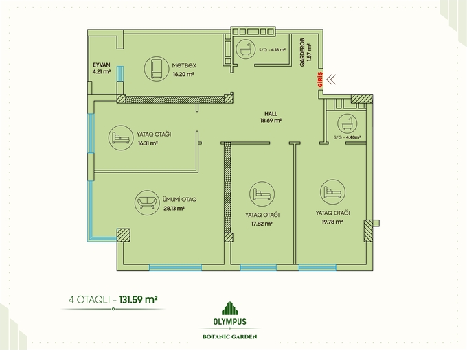 Планировка 4-комнатные квартиры, 131.59 m2 в Olympus Botanic Garden, в г. Баку