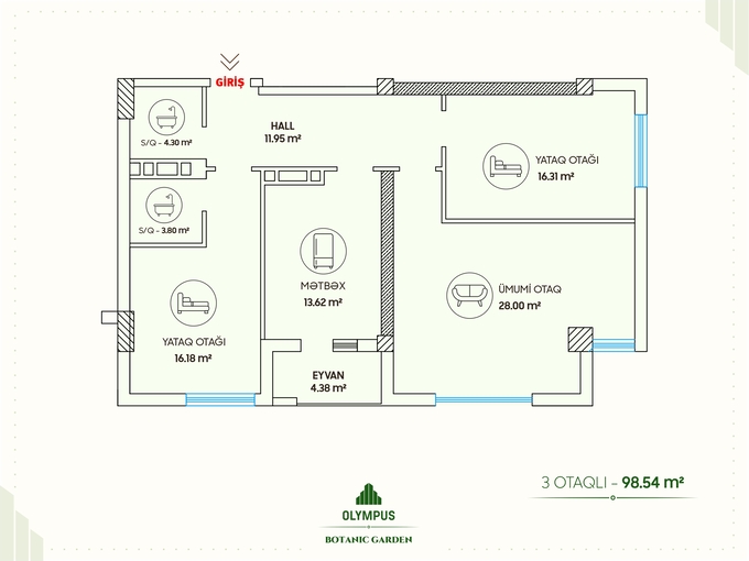 Планировка 3-комнатные квартиры, 98.54 m2 в Olympus Botanic Garden, в г. Баку
