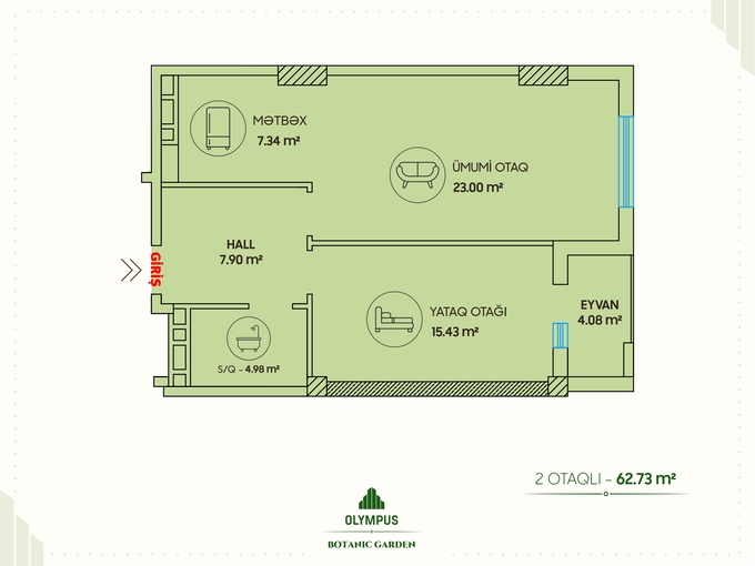 Планировка 2-комнатные квартиры, 62.73 m2 в Olympus Botanic Garden, в г. Баку