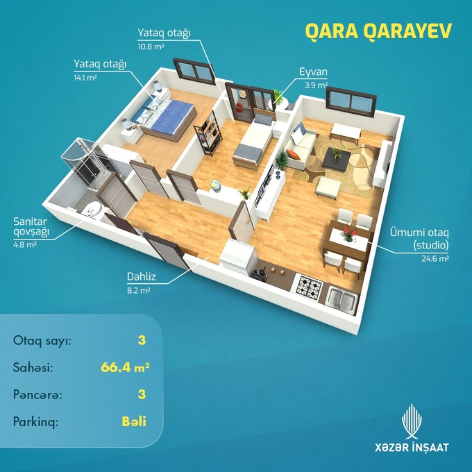 Bakı şəhərinin Qarayev Apartments yaşayış kompleksində 66.4 m2 sahəsi olan 3-otaqlılar mənzillərin planlaşdırılması
