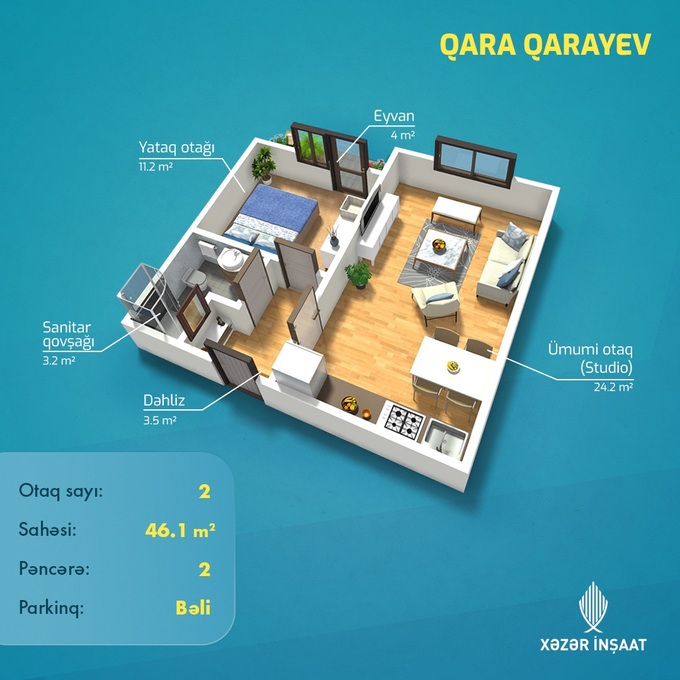 Bakı şəhərinin Qarayev Apartments yaşayış kompleksində 46.1 m2 sahəsi olan 2-otaqlılar mənzillərin planlaşdırılması