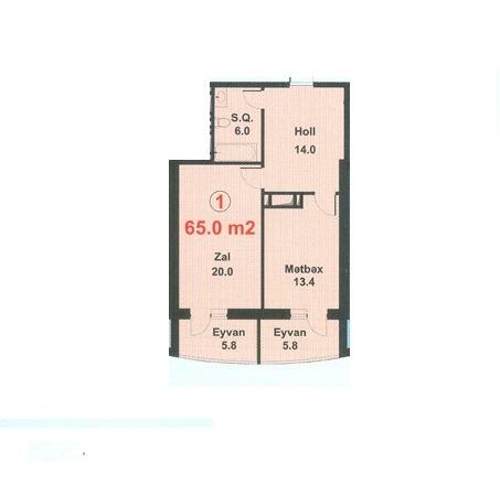 Планировка 1-комнатные квартиры, 65 m2 в Bolluq İk, в г. Баку