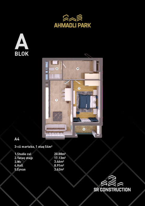 Планировка 1-комнатные квартиры, 54 m2 в Ahmadli Park, в г. Баку