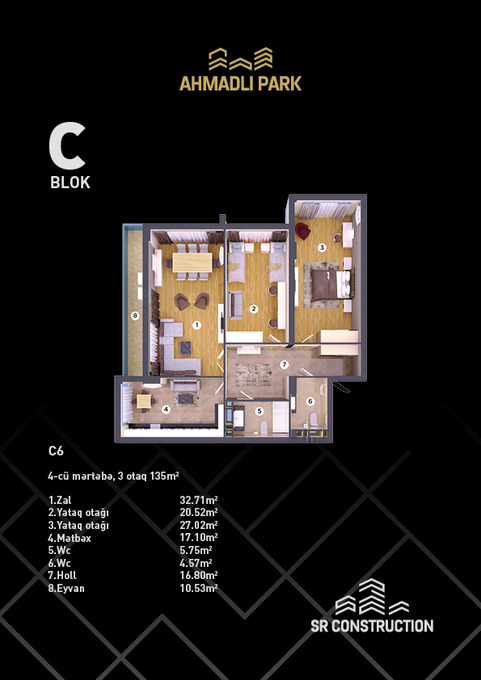 Планировка 3-комнатные квартиры, 135 m2 в Ahmadli Park, в г. Баку