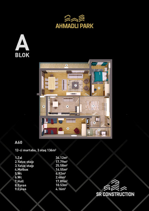 Планировка 3-комнатные квартиры, 136 m2 в Ahmadli Park, в г. Баку