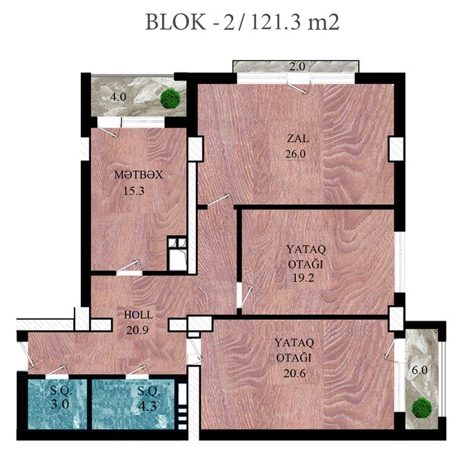 Планировка 3-комнатные квартиры, 121.3 m2 в 28 Residence, в г. Баку
