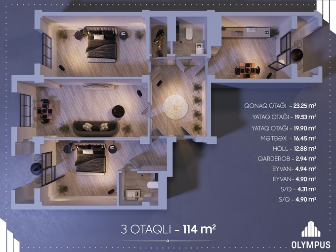 Планировка 3-комнатные квартиры, 114 m2 в Olympus Nobel, в г. Баку