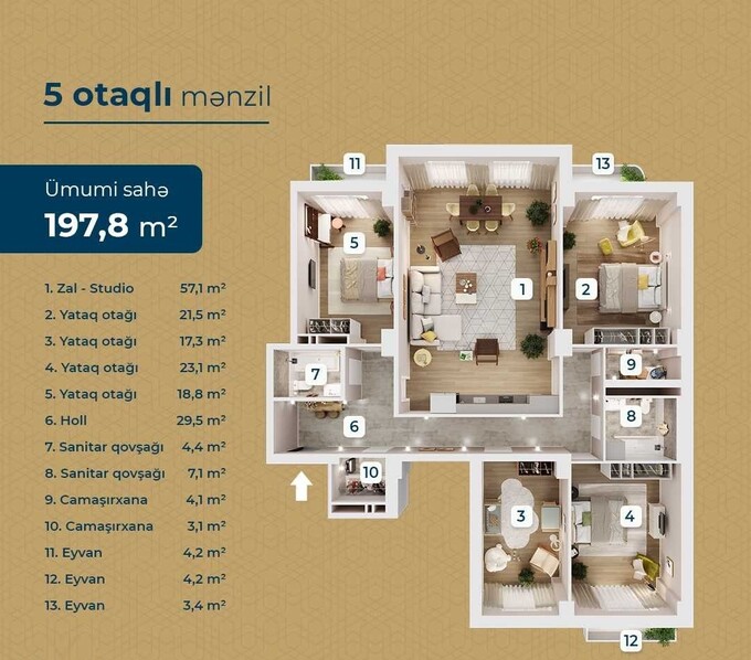 Планировка 5-комнатные квартиры, 197.8 m2 в Təbriz Residence, в г. Баку