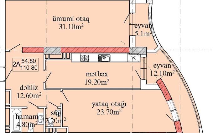 Bakı şəhərinin Aqana Servis yaşayış kompleksində 110.8 m2 sahəsi olan 2-otaqlılar mənzillərin planlaşdırılması