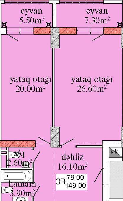 Bakı şəhərinin Aqana Servis yaşayış kompleksində 149 m2 sahəsi olan 3-otaqlılar mənzillərin planlaşdırılması