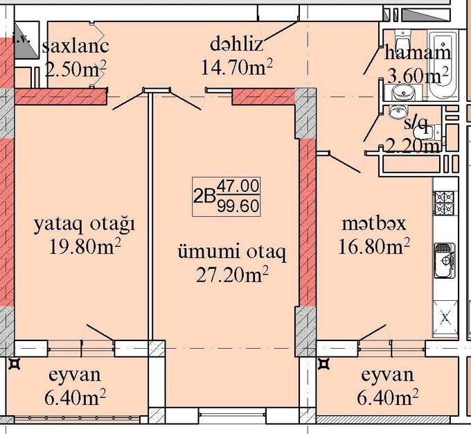 Bakı şəhərinin Aqana Servis yaşayış kompleksində 99.6 m2 sahəsi olan 2-otaqlılar mənzillərin planlaşdırılması