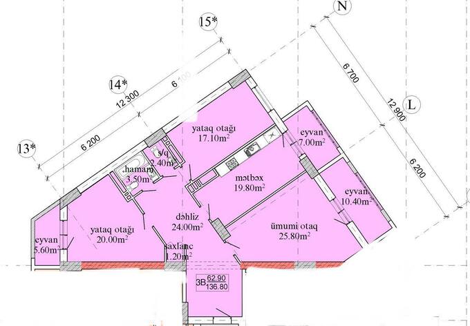 Bakı şəhərinin Aqana Servis yaşayış kompleksində 136.8 m2 sahəsi olan 3-otaqlılar mənzillərin planlaşdırılması