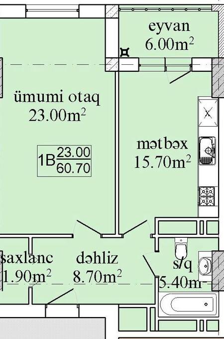 Bakı şəhərinin Aqana Servis yaşayış kompleksində 60.7 m2 sahəsi olan 1-otaqlılar mənzillərin planlaşdırılması