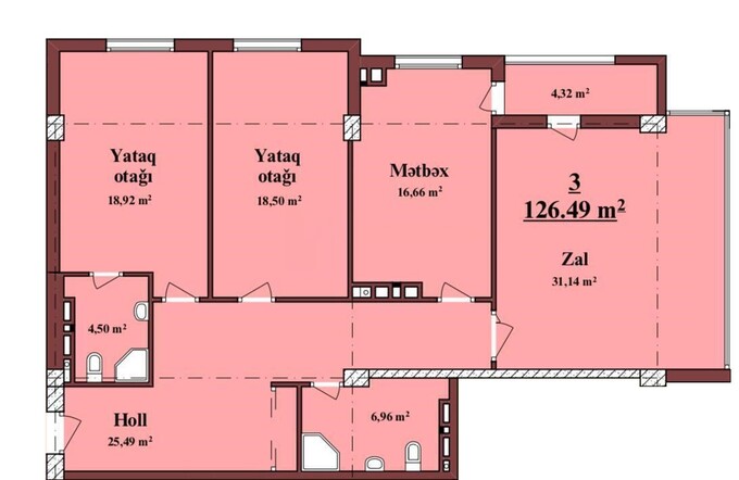 Планировка 3-комнатные квартиры, 126.5 m2 в Belvedere Residence, в г. Баку
