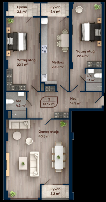 Планировка 3-комнатные квартиры, 137.7 m2 в Melissa Azadlıq, в г. Баку