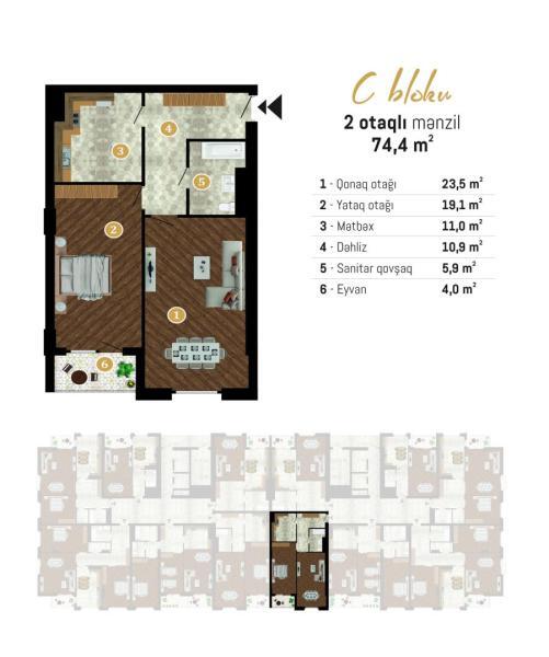 Планировка 2-комнатные квартиры, 74.4 m2 в Modern Park, в г. Баку