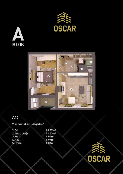 Планировка 1-комнатные квартиры, 54 m2 в Oscar, в г. Баку