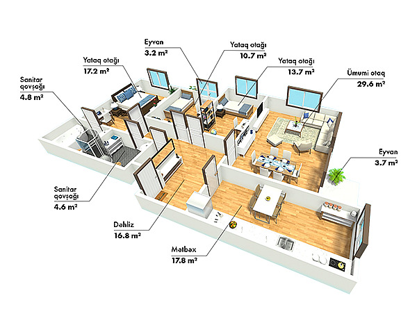 Планировка 4-комнатные квартиры, 123.6 m2 в SkyHome, в г. Баку
