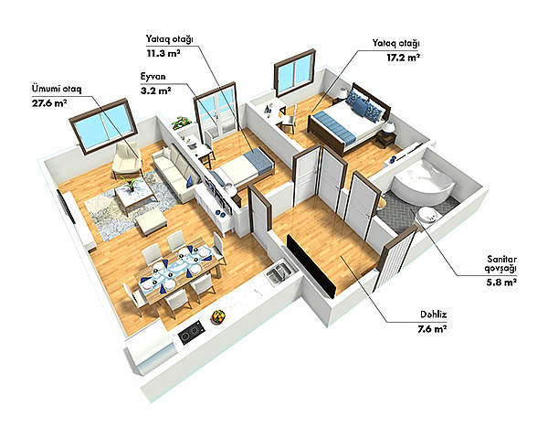 Планировка 3-комнатные квартиры, 72.7 m2 в SkyHome, в г. Баку