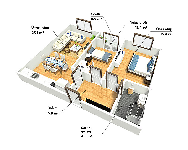 Планировка 3-комнатные квартиры, 68.8 m2 в SkyHome, в г. Баку