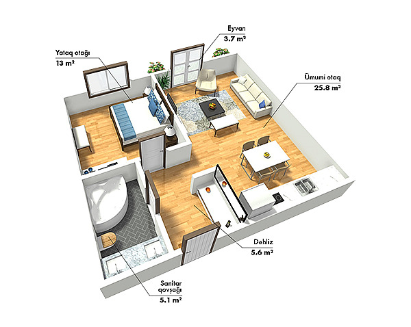 Планировка 2-комнатные квартиры, 53.2 m2 в SkyHome, в г. Баку