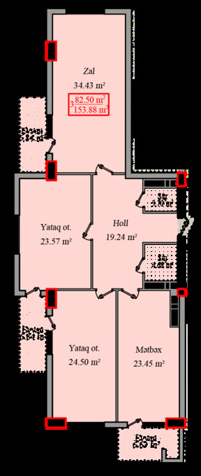 Планировка 3-комнатные квартиры, 153.88 m2 в Panorama Bayıl-2, в г. Баку