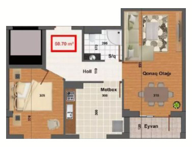 Планировка 2-комнатные квартиры, 50.7 m2 в Masazır City, в г. Масазыра
